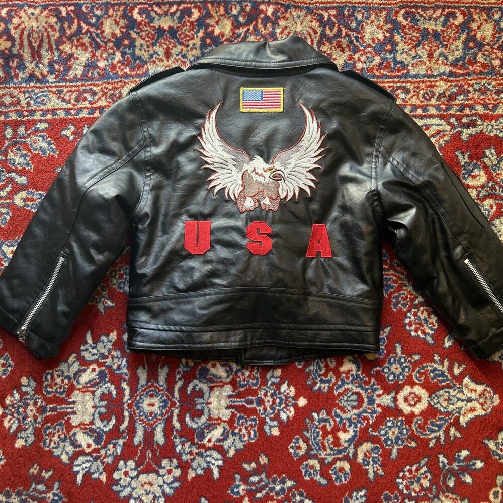 OUTDOOR HABITAT Kids USA Flag Eagle Patch Faux Leather Biker Moto Jacket Size 4T